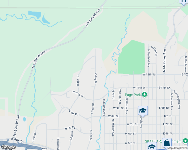map of restaurants, bars, coffee shops, grocery stores, and more near 1026 Valley Drive in Sand Springs