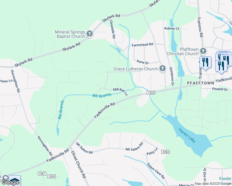 map of restaurants, bars, coffee shops, grocery stores, and more near 3412 Mill Run Lane in Pfafftown