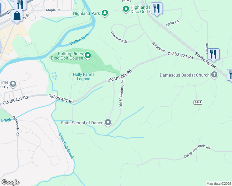 map of restaurants, bars, coffee shops, grocery stores, and more near 199 Lincoln Heights Road in North Wilkesboro
