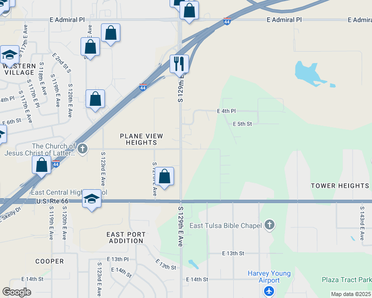 map of restaurants, bars, coffee shops, grocery stores, and more near 12983 East 7th Street in Tulsa