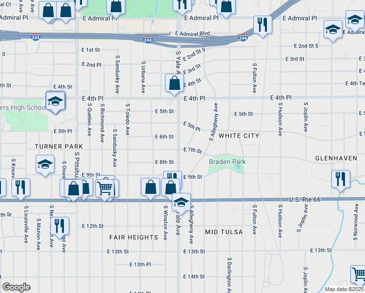 map of restaurants, bars, coffee shops, grocery stores, and more near 4905 East 7th Street in Tulsa