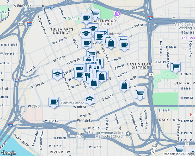 map of restaurants, bars, coffee shops, grocery stores, and more near 6 East 5th Street in Tulsa