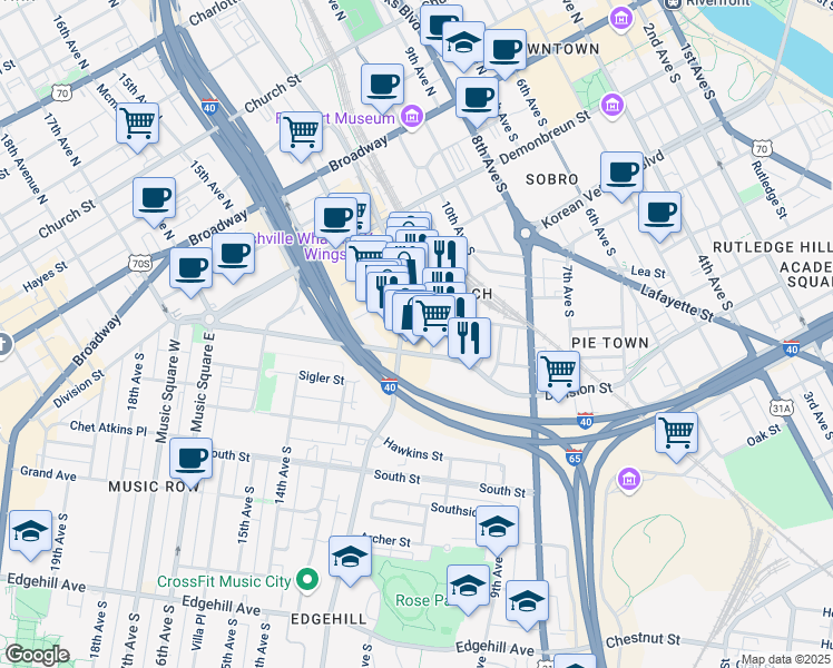 map of restaurants, bars, coffee shops, grocery stores, and more near 600 12th Avenue South in Nashville