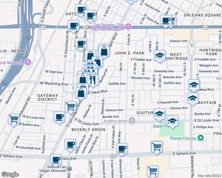 map of restaurants, bars, coffee shops, grocery stores, and more near 545 East Oakey Boulevard in Las Vegas