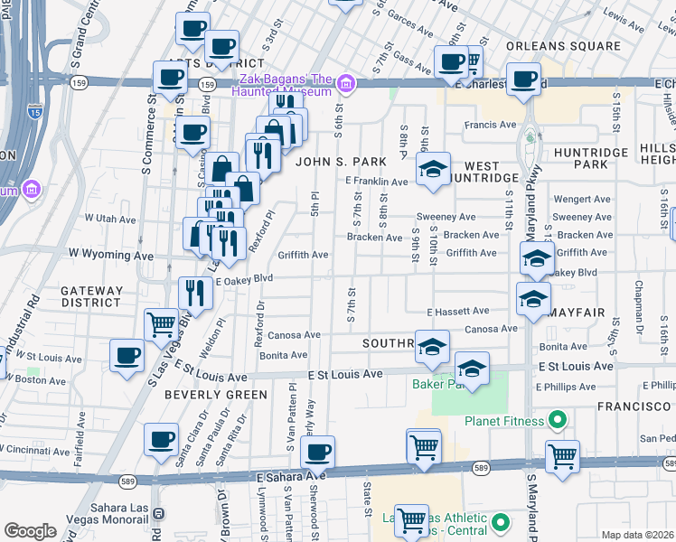map of restaurants, bars, coffee shops, grocery stores, and more near 1611 South 6th Street in Las Vegas