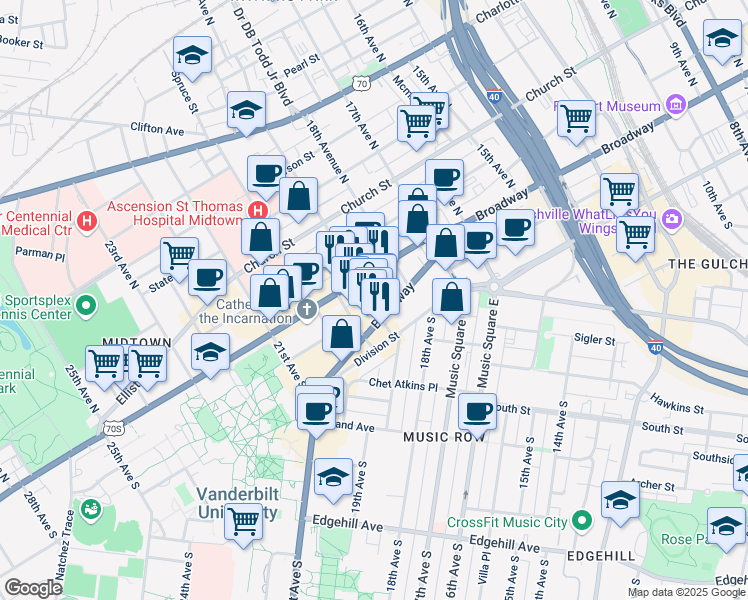 map of restaurants, bars, coffee shops, grocery stores, and more near 110 19th Avenue South in Nashville