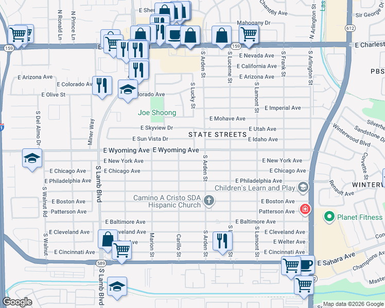 map of restaurants, bars, coffee shops, grocery stores, and more near 4551 East Wyoming Avenue in Las Vegas
