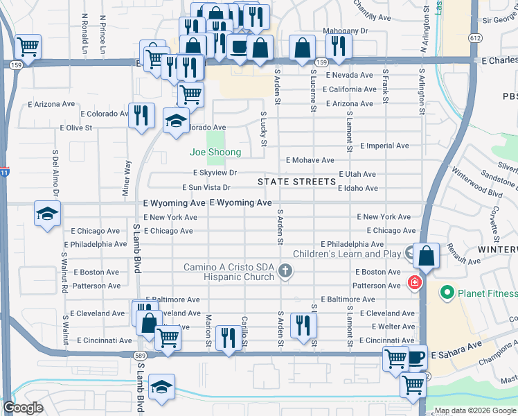 map of restaurants, bars, coffee shops, grocery stores, and more near 4551 East Wyoming Avenue in Las Vegas