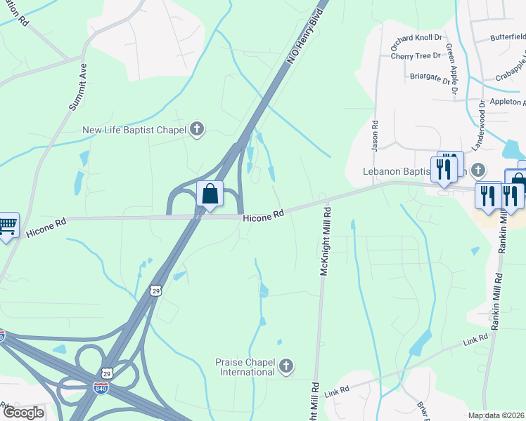 map of restaurants, bars, coffee shops, grocery stores, and more near 4319 Hicone Road in Greensboro