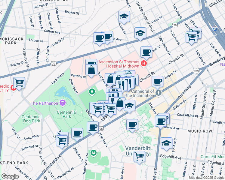 map of restaurants, bars, coffee shops, grocery stores, and more near 208B 23rd Avenue North in Nashville