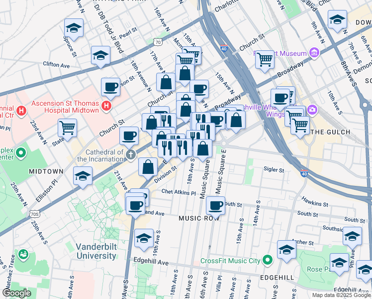 map of restaurants, bars, coffee shops, grocery stores, and more near 1803 Broadway in Nashville