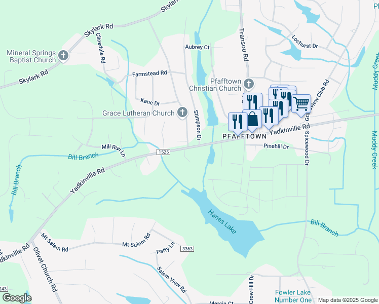 map of restaurants, bars, coffee shops, grocery stores, and more near 4894 Yadkinville Road in Pfafftown