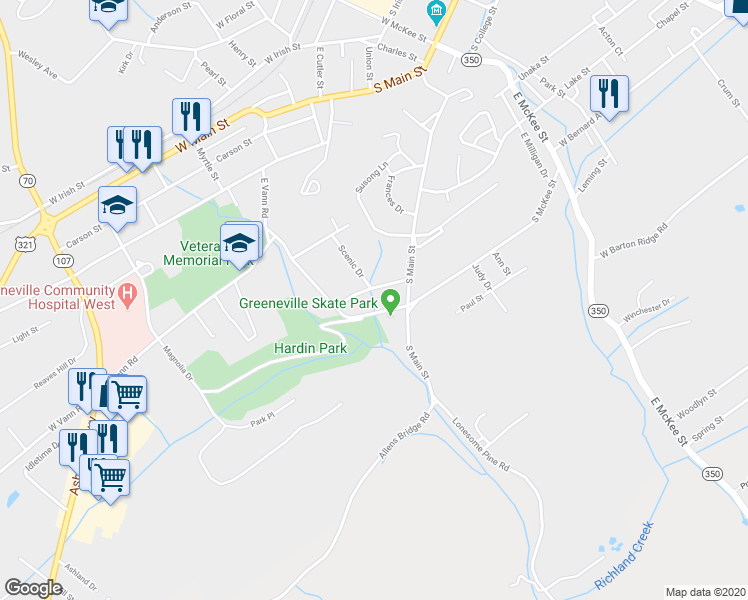 map of restaurants, bars, coffee shops, grocery stores, and more near 111 Lynn Avenue in Greeneville