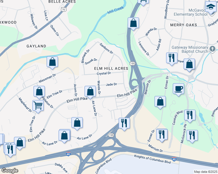 map of restaurants, bars, coffee shops, grocery stores, and more near 2123 Jade Drive in Nashville