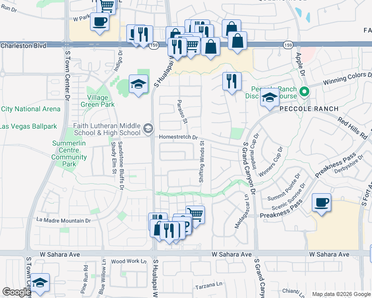 map of restaurants, bars, coffee shops, grocery stores, and more near 1701 Encarta Street in Las Vegas