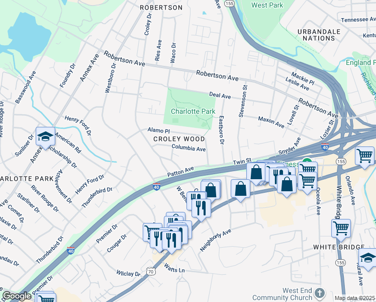 map of restaurants, bars, coffee shops, grocery stores, and more near 6335 Columbia Avenue in Nashville
