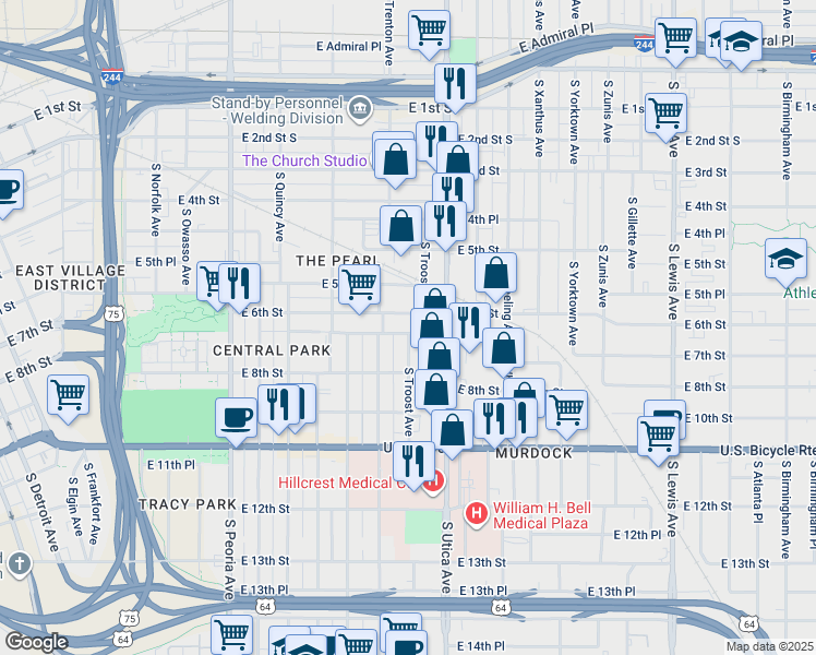 map of restaurants, bars, coffee shops, grocery stores, and more near 1623 East 7th Street in Tulsa
