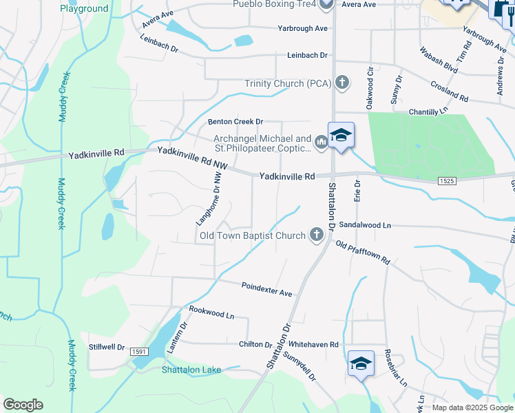 map of restaurants, bars, coffee shops, grocery stores, and more near 4445 Bridalcreek West Northwest in Winston-Salem
