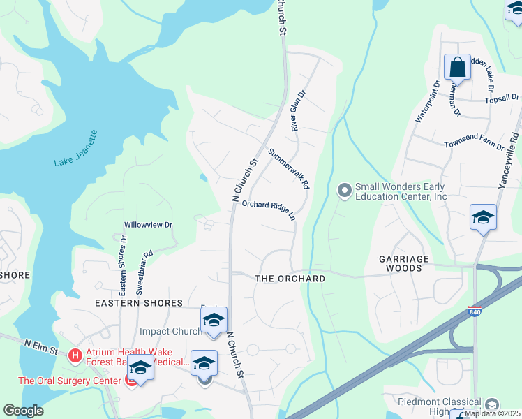 map of restaurants, bars, coffee shops, grocery stores, and more near 560 Orchard Ridge Lane in Greensboro
