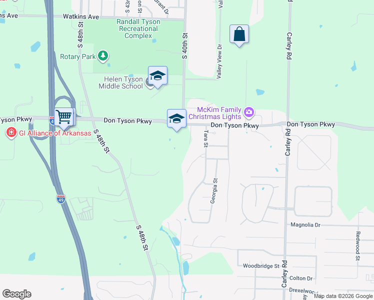 map of restaurants, bars, coffee shops, grocery stores, and more near 3856 Shannendoah Lane in Springdale