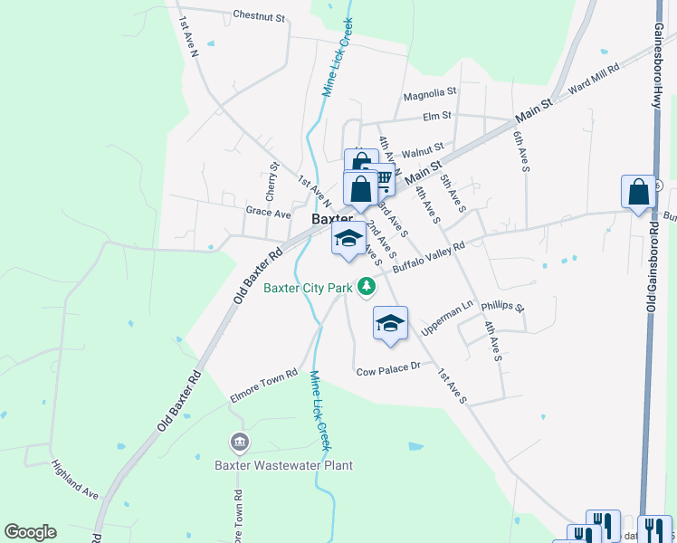 map of restaurants, bars, coffee shops, grocery stores, and more near 125 Elmore Town Road in Baxter