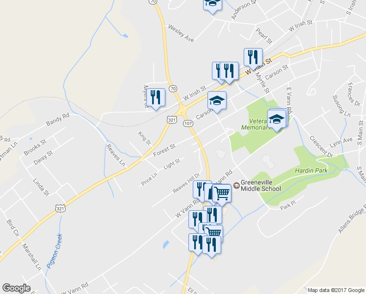map of restaurants, bars, coffee shops, grocery stores, and more near 1111 Forest Street in Greeneville