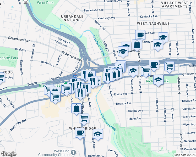 map of restaurants, bars, coffee shops, grocery stores, and more near 5500 Charlotte Pike in Nashville