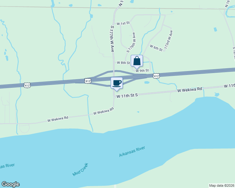 map of restaurants, bars, coffee shops, grocery stores, and more near 17496 West Wekiwa Road in Sand Springs
