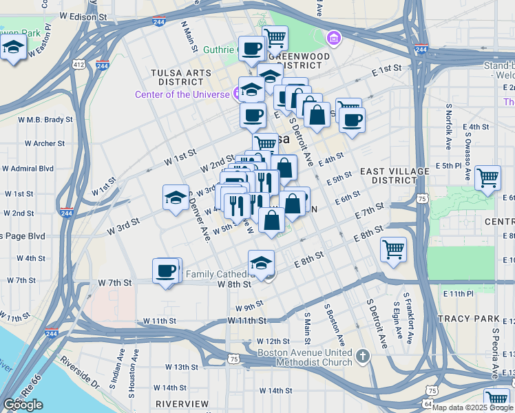 map of restaurants, bars, coffee shops, grocery stores, and more near 17 West 5th Street in Tulsa