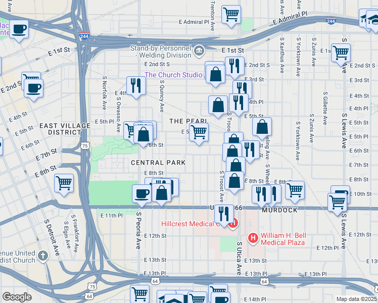 map of restaurants, bars, coffee shops, grocery stores, and more near 1507 East 7th Street in Tulsa