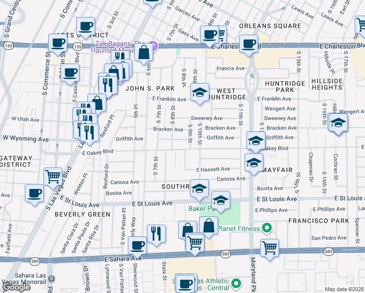 map of restaurants, bars, coffee shops, grocery stores, and more near 821 East Oakey Boulevard in Las Vegas