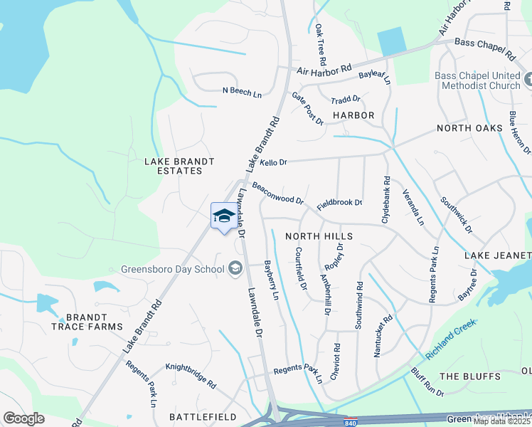 map of restaurants, bars, coffee shops, grocery stores, and more near 5400 Bayberry Lane in Greensboro