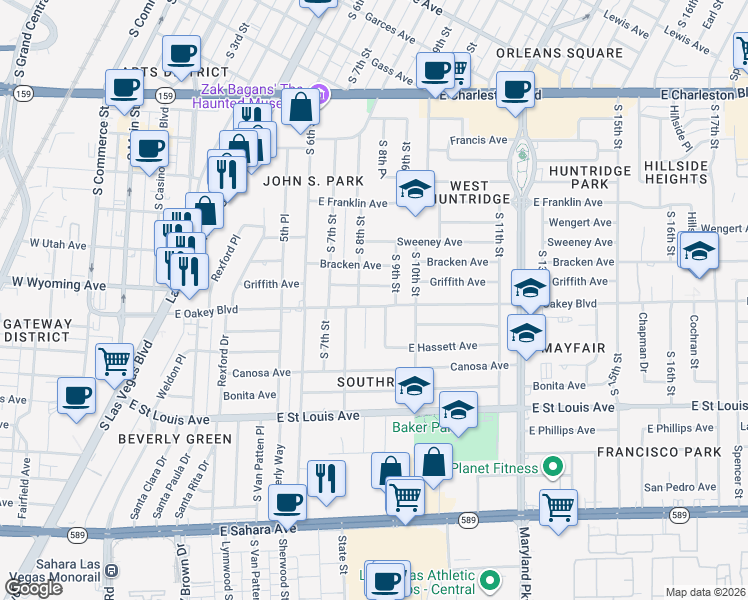 map of restaurants, bars, coffee shops, grocery stores, and more near 821 East Oakey Boulevard in Las Vegas