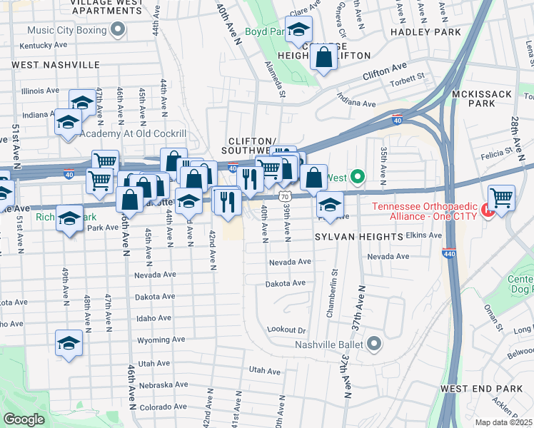 map of restaurants, bars, coffee shops, grocery stores, and more near 3912 Park Avenue in Nashville