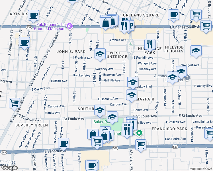 map of restaurants, bars, coffee shops, grocery stores, and more near 1030 East Oakey Boulevard in Las Vegas
