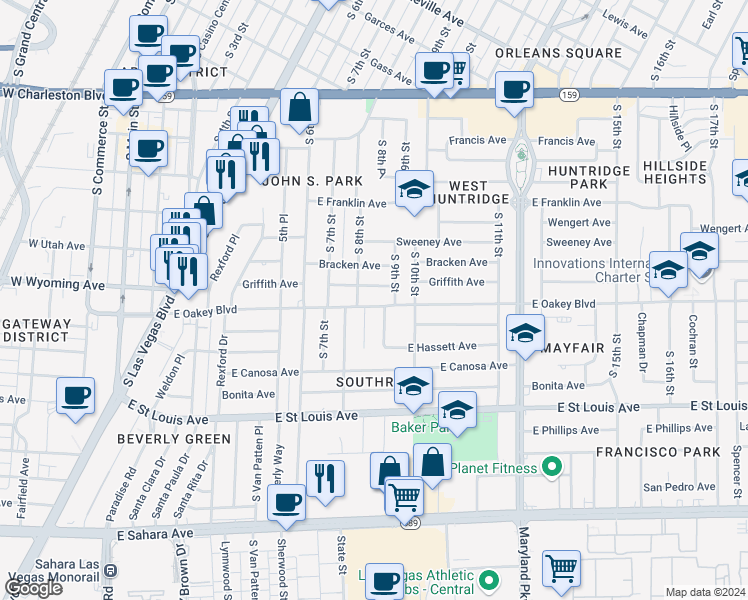 map of restaurants, bars, coffee shops, grocery stores, and more near 821 East Oakey Boulevard in Las Vegas