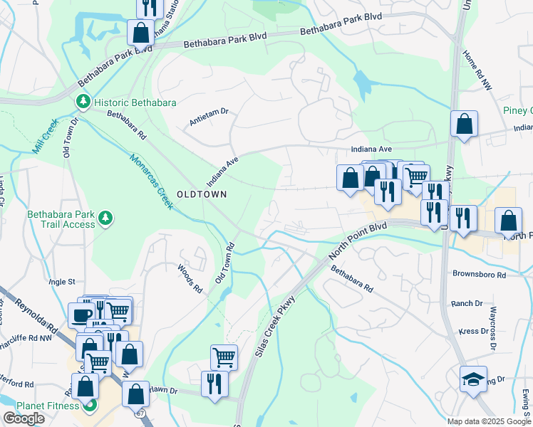 map of restaurants, bars, coffee shops, grocery stores, and more near 5755 Hickory Knoll Drive in Winston-Salem