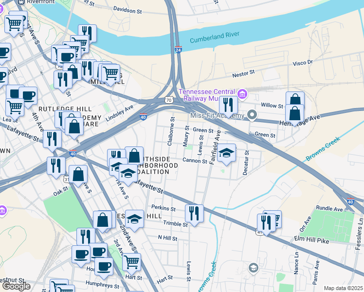 map of restaurants, bars, coffee shops, grocery stores, and more near 72B Maury Street in Nashville