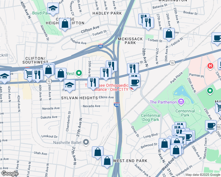 map of restaurants, bars, coffee shops, grocery stores, and more near 326 33rd Avenue North in Nashville