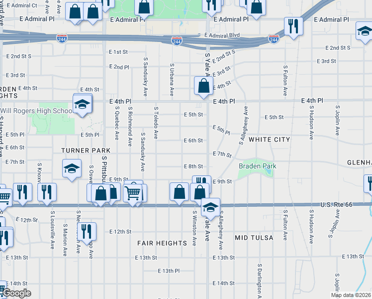 map of restaurants, bars, coffee shops, grocery stores, and more near 4547 East 7th Street in Tulsa