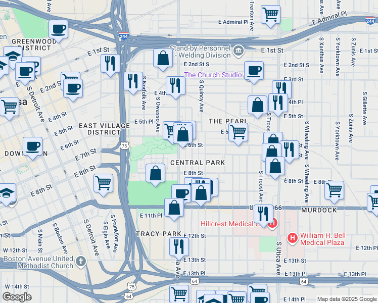 map of restaurants, bars, coffee shops, grocery stores, and more near 613 South Quaker Avenue in Tulsa