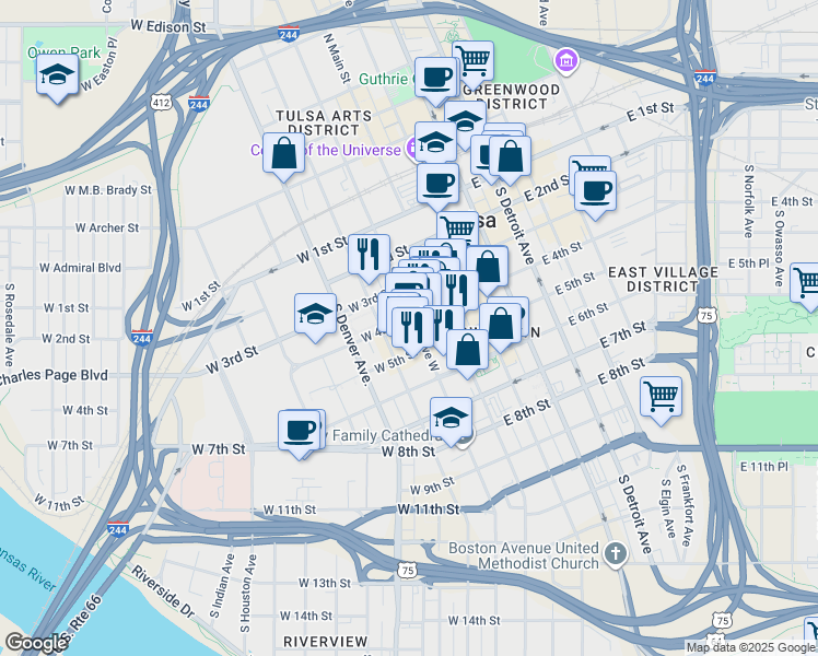 map of restaurants, bars, coffee shops, grocery stores, and more near 403 South Cheyenne Avenue in Tulsa