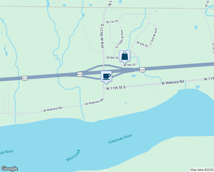map of restaurants, bars, coffee shops, grocery stores, and more near 17496 West Wekiwa Road in Sand Springs