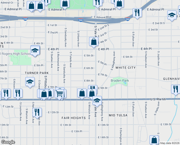 map of restaurants, bars, coffee shops, grocery stores, and more near 4727 East 7th Street in Tulsa