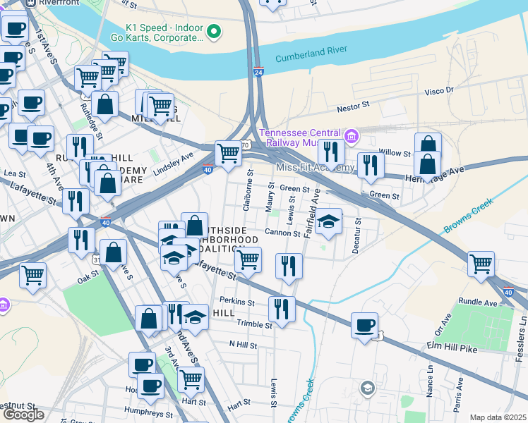 map of restaurants, bars, coffee shops, grocery stores, and more near 72B Maury Street in Nashville
