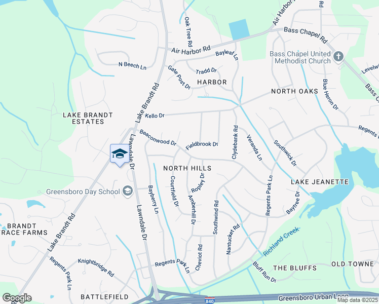 map of restaurants, bars, coffee shops, grocery stores, and more near 5200 Fieldbrook Drive in Greensboro
