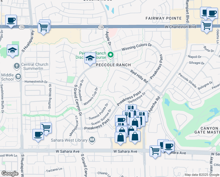 map of restaurants, bars, coffee shops, grocery stores, and more near 1624 Windsford Circle in Las Vegas