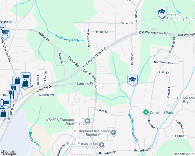 map of restaurants, bars, coffee shops, grocery stores, and more near 4413 Carver School Road in Winston-Salem