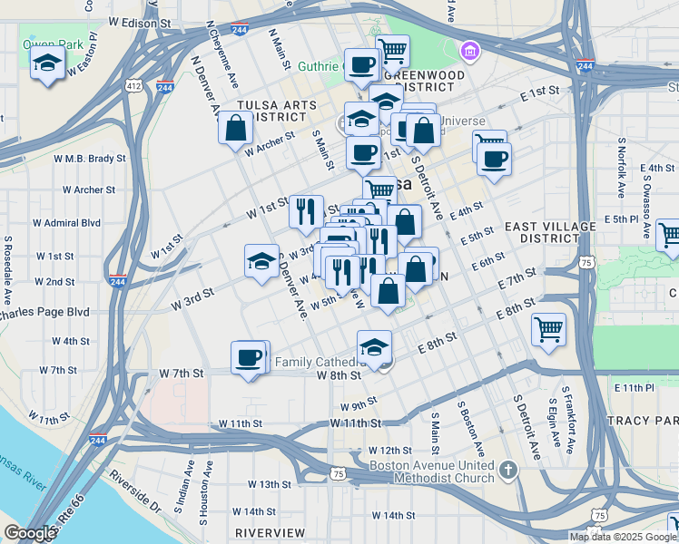 map of restaurants, bars, coffee shops, grocery stores, and more near 403 South Cheyenne Avenue in Tulsa