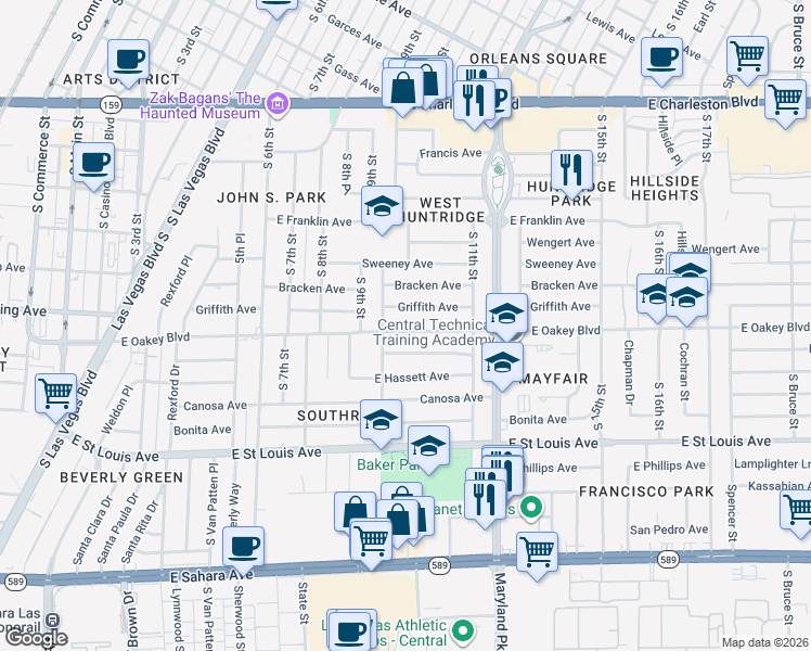 map of restaurants, bars, coffee shops, grocery stores, and more near 1017 East Oakey Boulevard in Las Vegas